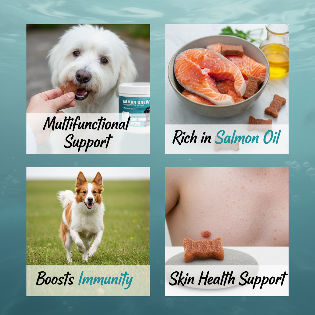 Dog Salmon Chews - Multifunctional Omega 3 Soft Chews for Skin & Coat Health, Immune Support & Moisture with Salmon Oil, Antioxidants & Biotin