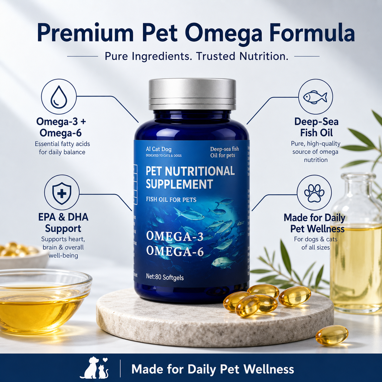 Premium Pet Omega Formula - Omega-3 + Omega-6, EPA & DHA, Deep-Sea Fish Oil