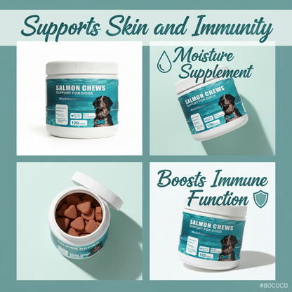 Dog Salmon Chews - Multifunctional Omega 3 Soft Chews for Skin & Coat Health, Immune Support & Moisture with Salmon Oil, Antioxidants & Biotin