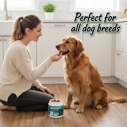Dog Salmon Chews - Multifunctional Omega 3 Soft Chews for Skin & Coat Health, Immune Support & Moisture with Salmon Oil, Antioxidants & Biotin