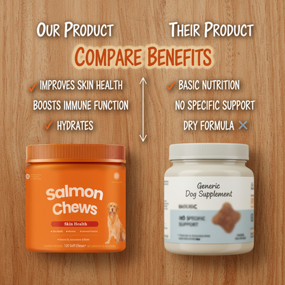 Dog Salmon Chews - Omega 3 Soft Chews for Skin & Coat Health, Allergy & Itchy Skin Relief with Salmon Oil, Biotin & Antioxidants