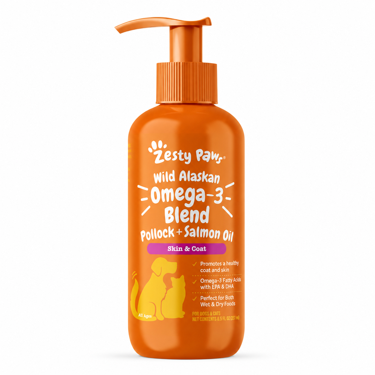 Zesty Paws Wild Alaskan Omega-3 Blend pollock and salmon oil pump bottle for cats and dogs