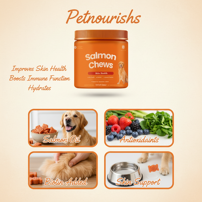 Dog Salmon Chews - Omega 3 Soft Chews for Skin & Coat Health, Allergy & Itchy Skin Relief with Salmon Oil, Biotin & Antioxidants