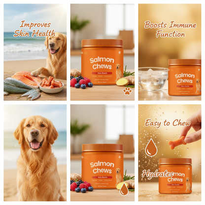 Dog Salmon Chews - Omega 3 Soft Chews for Skin & Coat Health, Allergy & Itchy Skin Relief with Salmon Oil, Biotin & Antioxidants